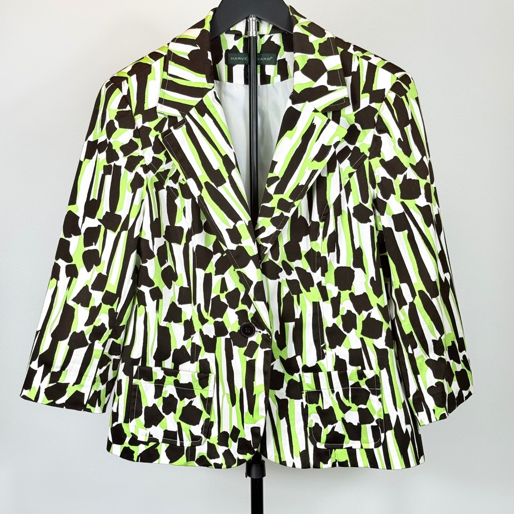 Harve Benard Blazer Women L Green Abstract Print Cotton Spandex Workwear Chic